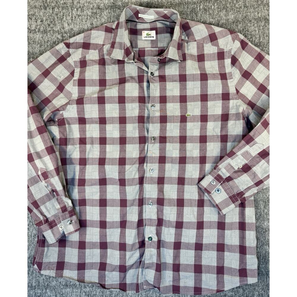 Mens Lacoste Maroon & Gray Casual Button Up Checkered Shirt 44